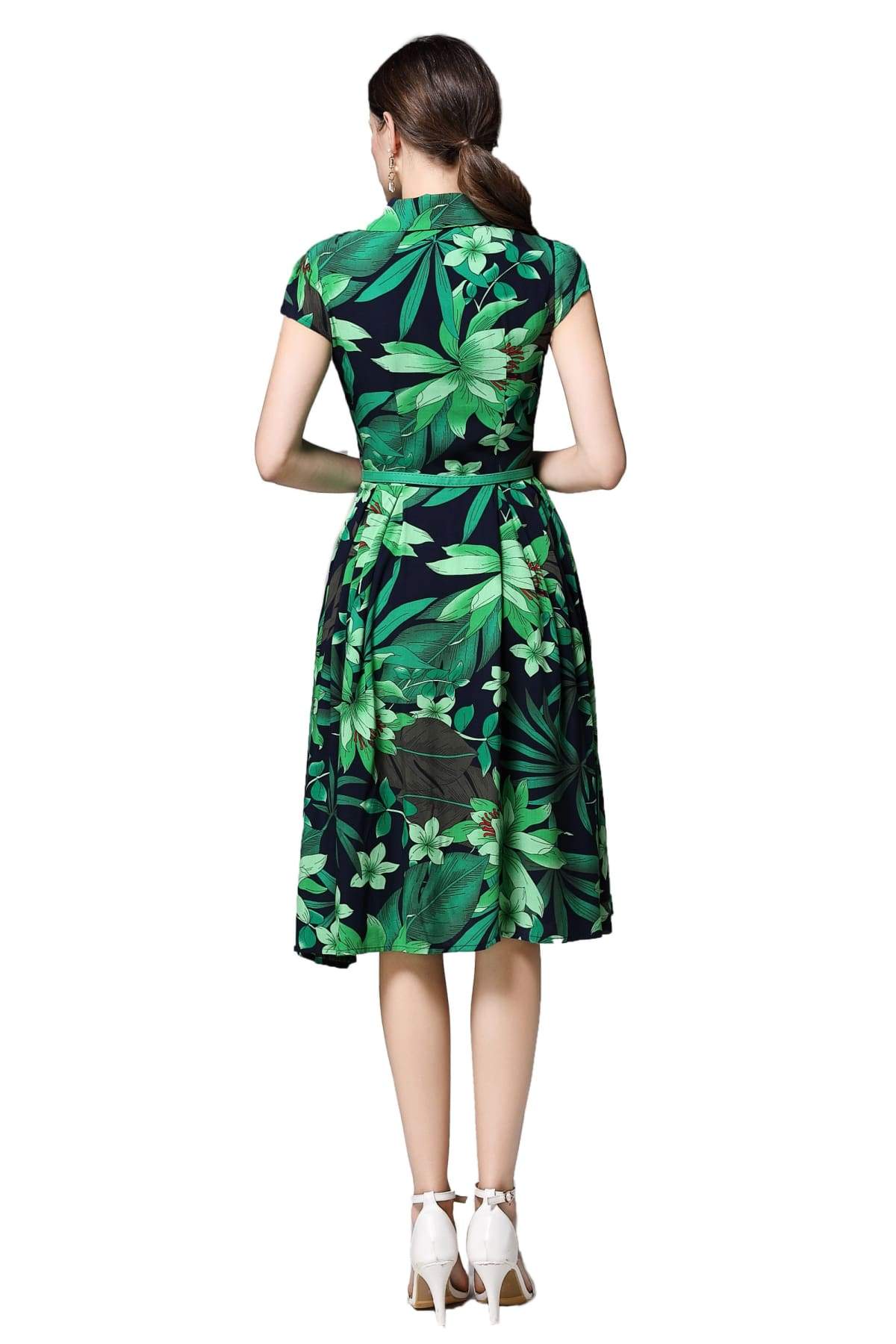 Navy V Neck Box Pleat Dress with Green Tiger Lily and Palm Leaves with Pockets Navy V Neck Box Pleat Dress with Green Tiger Lily and Palm Leaves with Pockets
