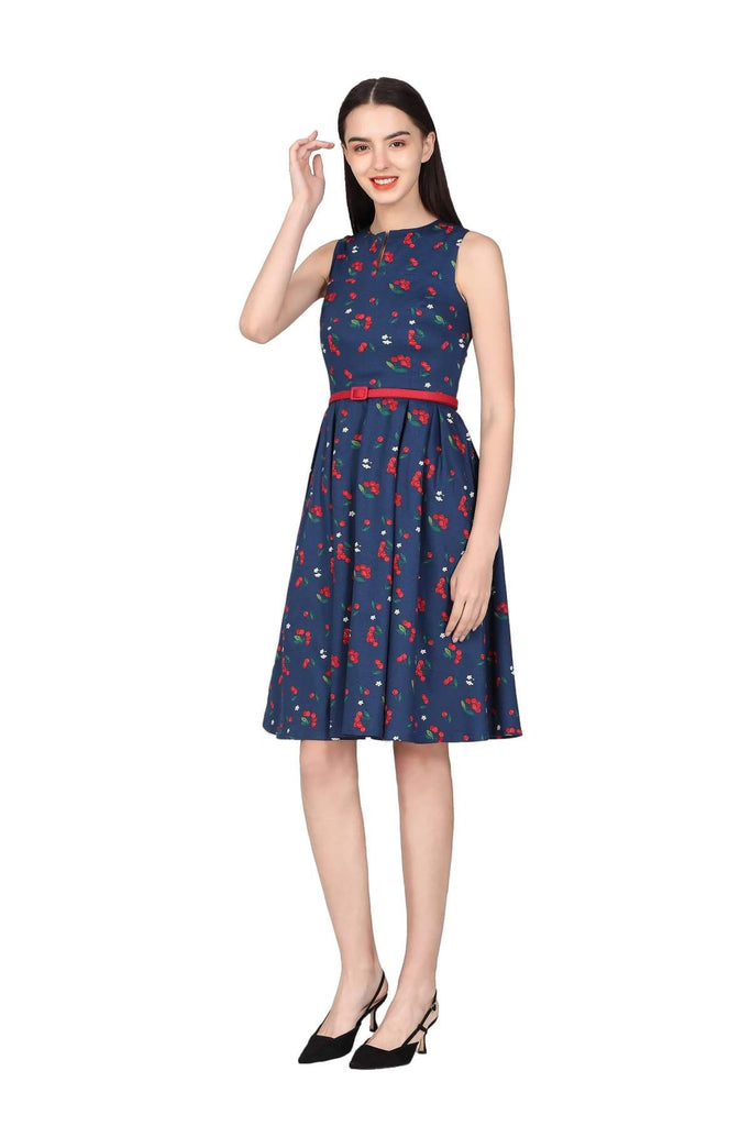 Navy V Neck Cherry with Blossom Flower A-Line Cotton Dress with Pockets