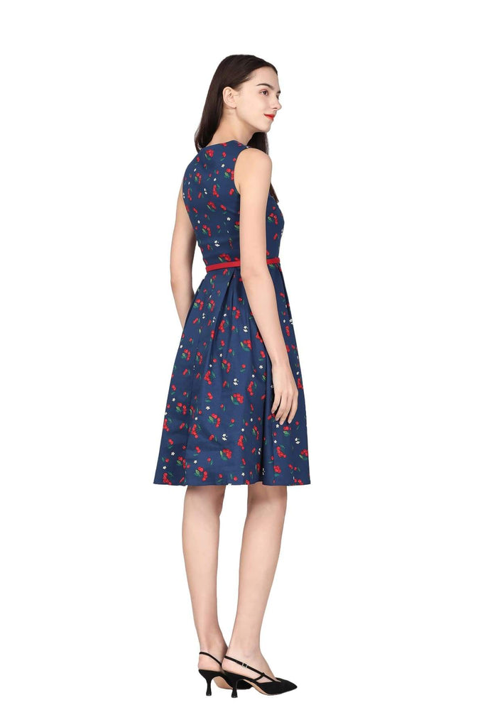 Navy V Neck Cherry with Blossom Flower A-Line Cotton Dress with Pockets