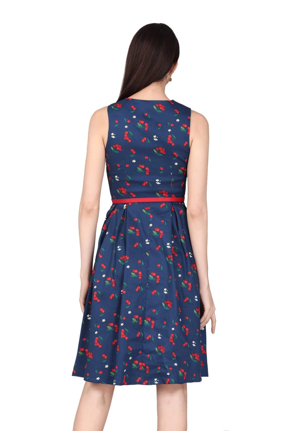 Navy V Neck Cherry with Blossom Flower A-Line Cotton Dress with Pockets Navy V Neck Cherry with Blossom Flower A-Line Cotton Dress with Pockets