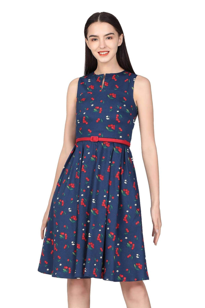 Navy V Neck Cherry with Blossom Flower A-Line Cotton Dress with Pockets