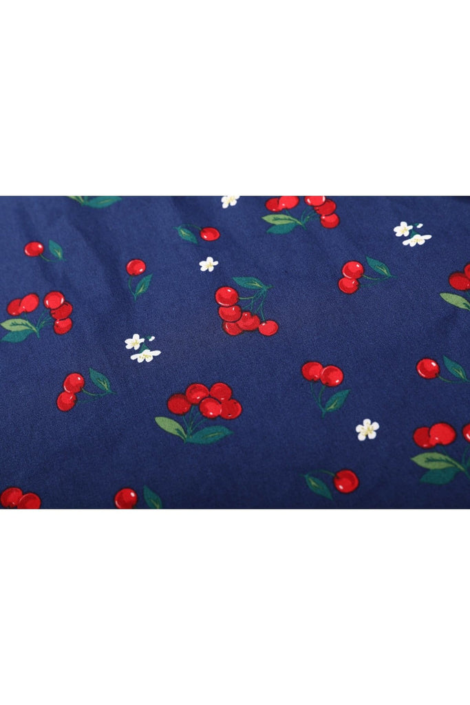 Navy V Neck Cherry with Blossom Flower A-Line Cotton Dress with Pockets