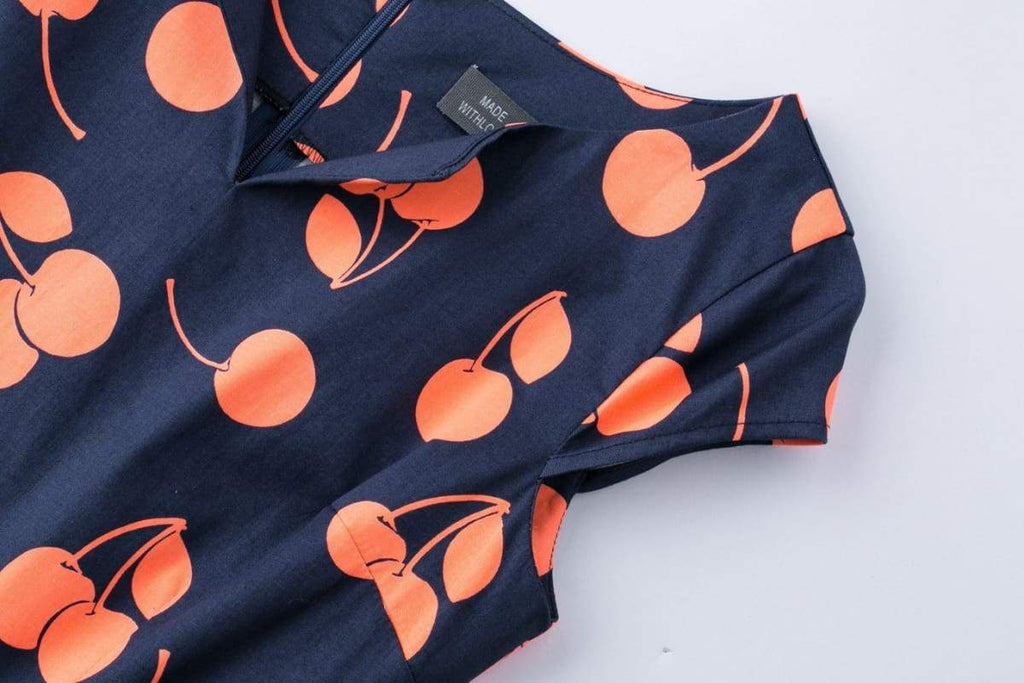 Navy Orange Cherry V Neck Vintage Swing Dress