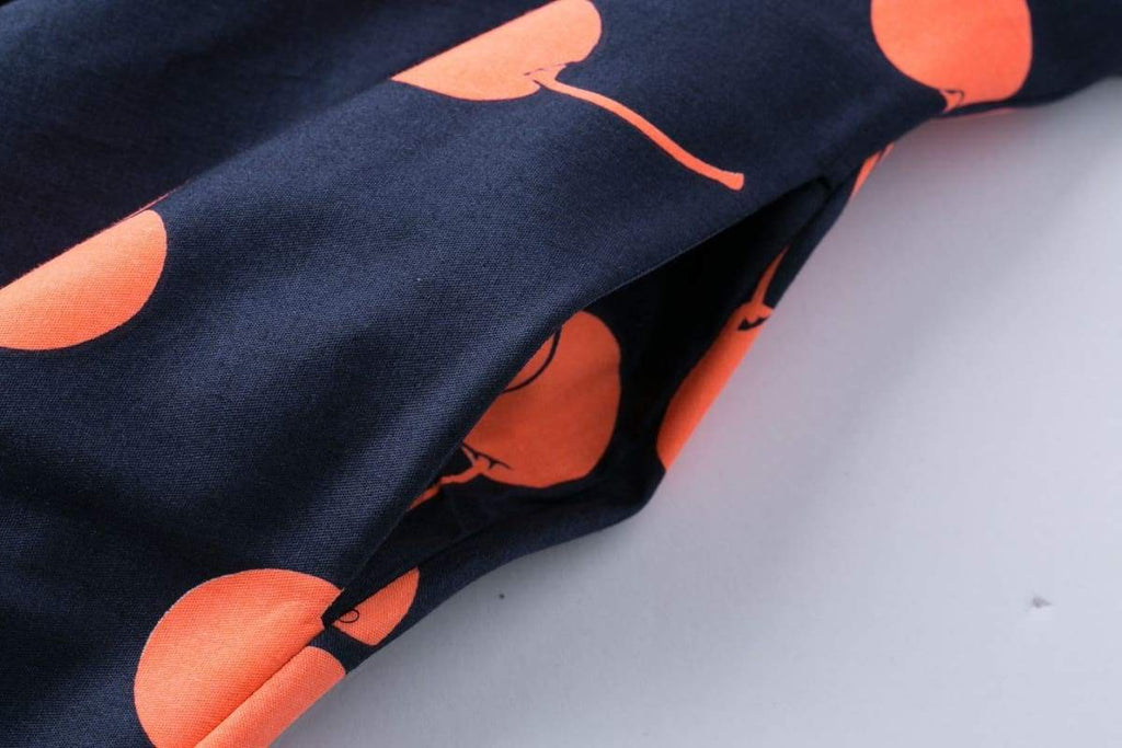 Navy Orange Cherry V Neck Vintage Swing Dress