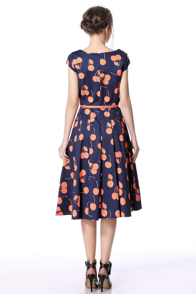 Navy Orange Cherry V Neck Vintage Swing Dress