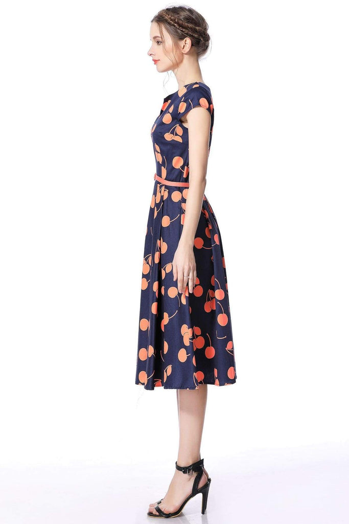 Navy Orange Cherry V Neck Vintage Swing Dress