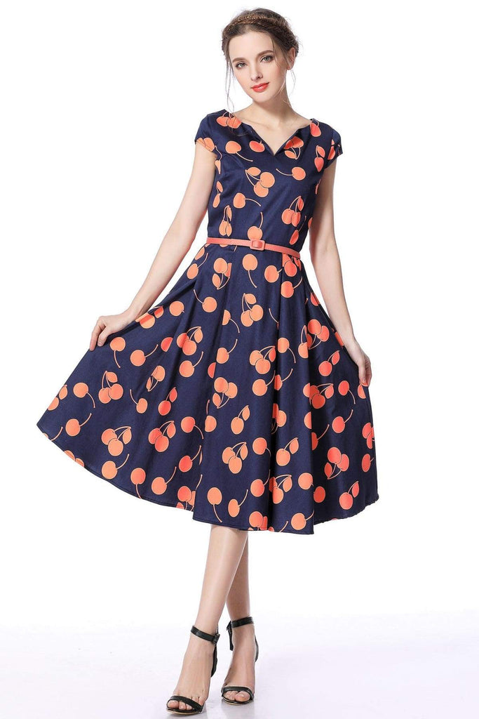 Navy Orange Cherry V Neck Vintage Swing Dress
