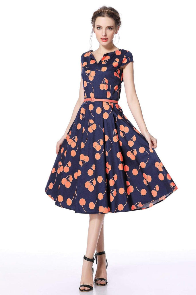 Navy Orange Cherry V Neck Vintage Swing Dress
