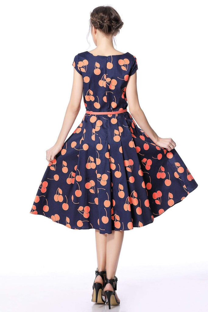 Navy Orange Cherry V Neck Vintage Swing Dress