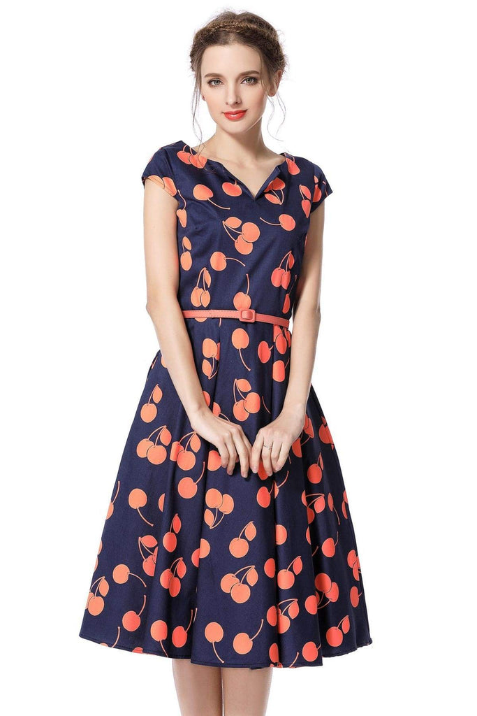 Navy Orange Cherry V Neck Vintage Swing Dress