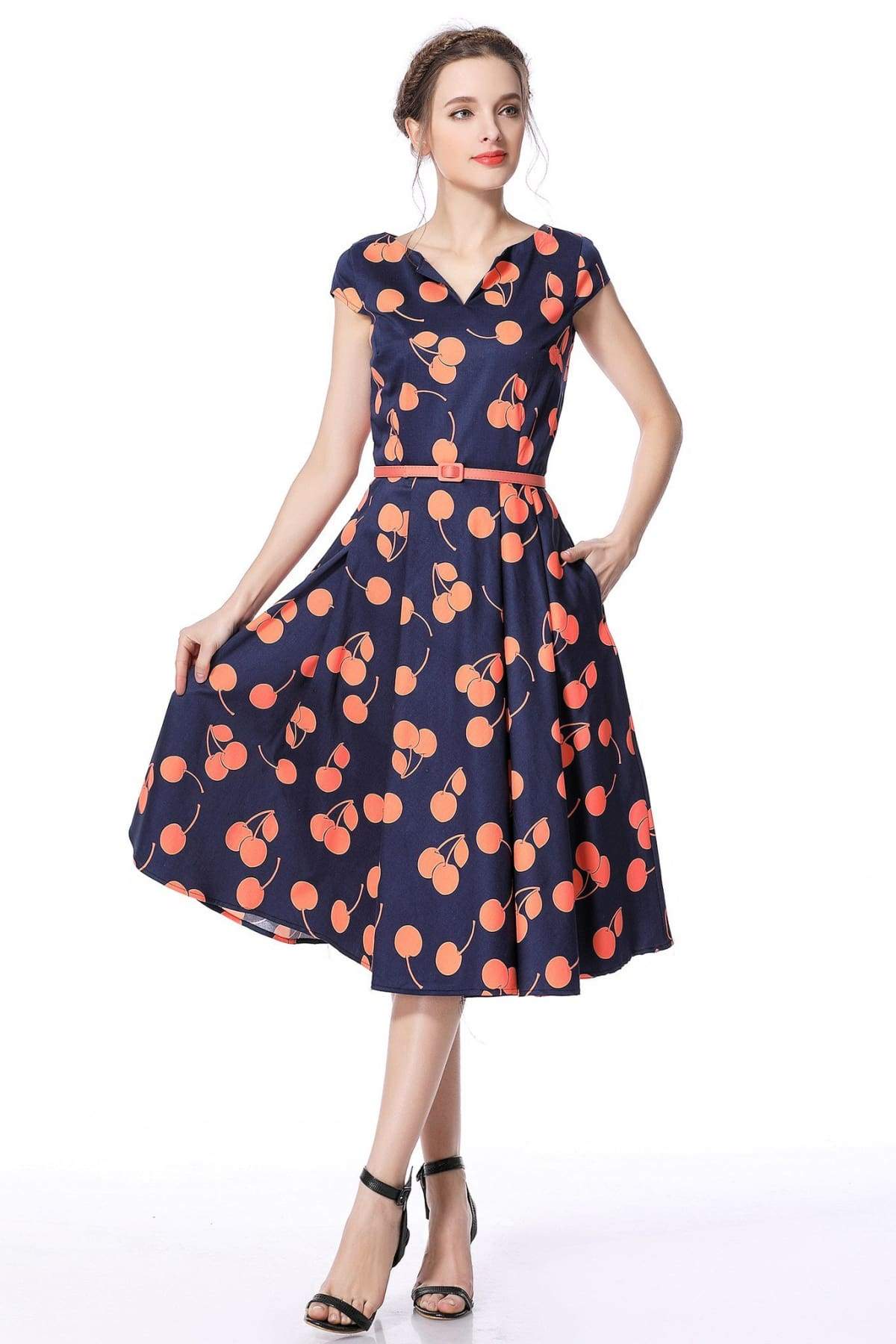 Navy Orange Cherry V Neck Vintage Swing Dress Navy Orange Cherry V Neck Vintage Swing Dress