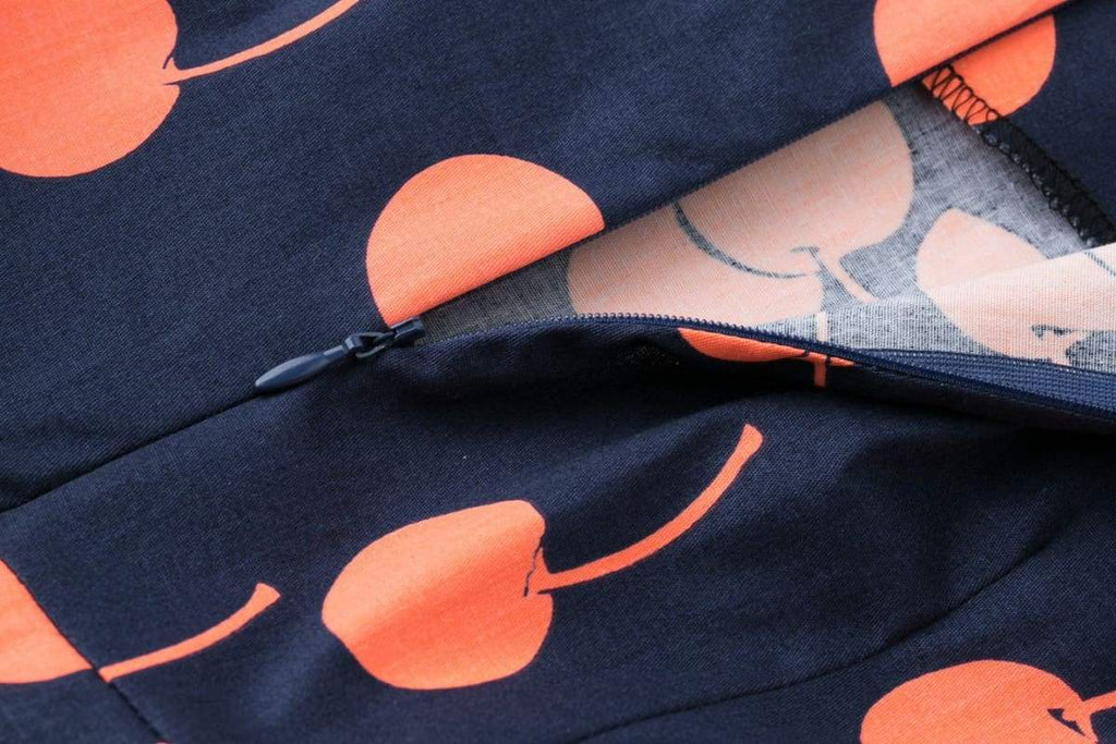 Navy Orange Cherry V Neck Vintage Swing Dress