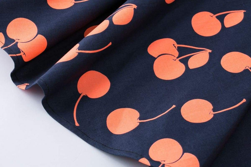 Navy Orange Cherry V Neck Vintage Swing Dress