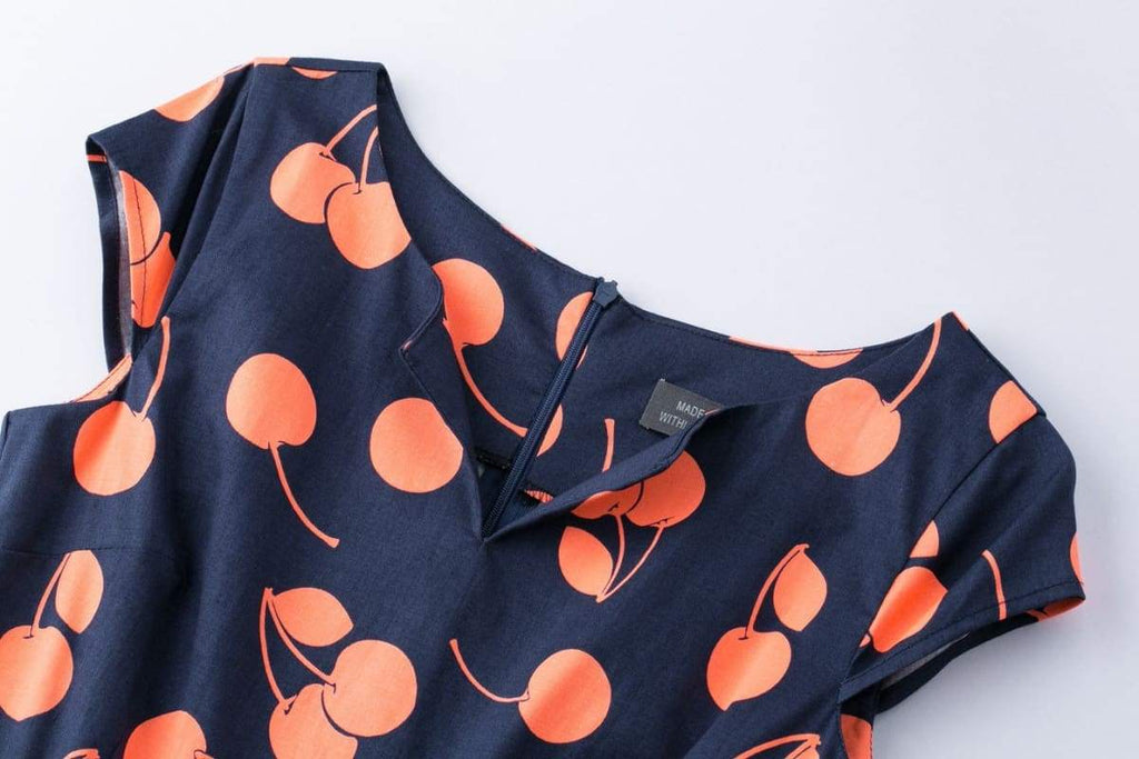 Navy Orange Cherry V Neck Vintage Swing Dress