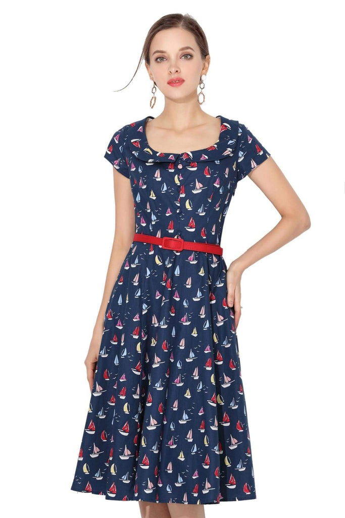 Navy Sailing Boat Peter Pan Scoop Neck Vintage Dress