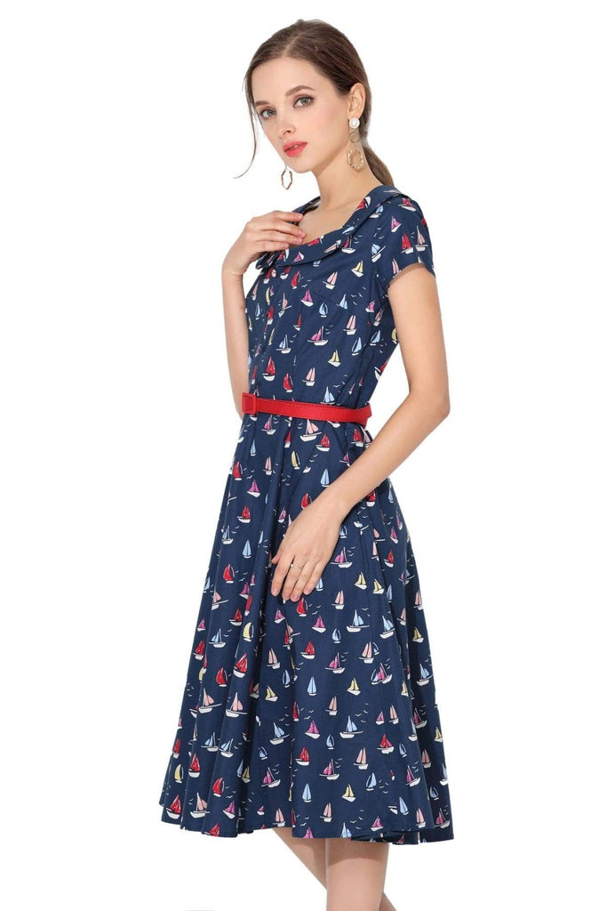 Navy Sailing Boat Peter Pan Scoop Neck Vintage Dress