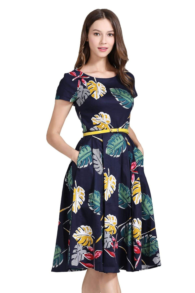 Navy Scoop Neck with Coloured Tropical Palm Leaf A Line Dress with Pockets