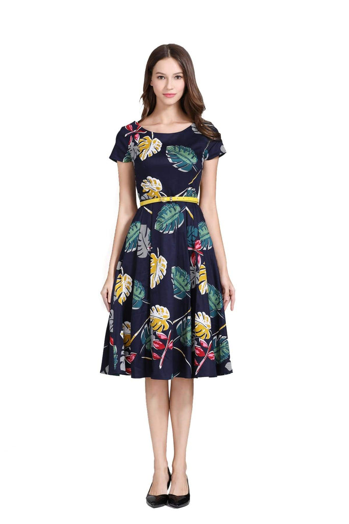 Navy Scoop Neck with Coloured Tropical Palm Leaf A Line Dress with Pockets