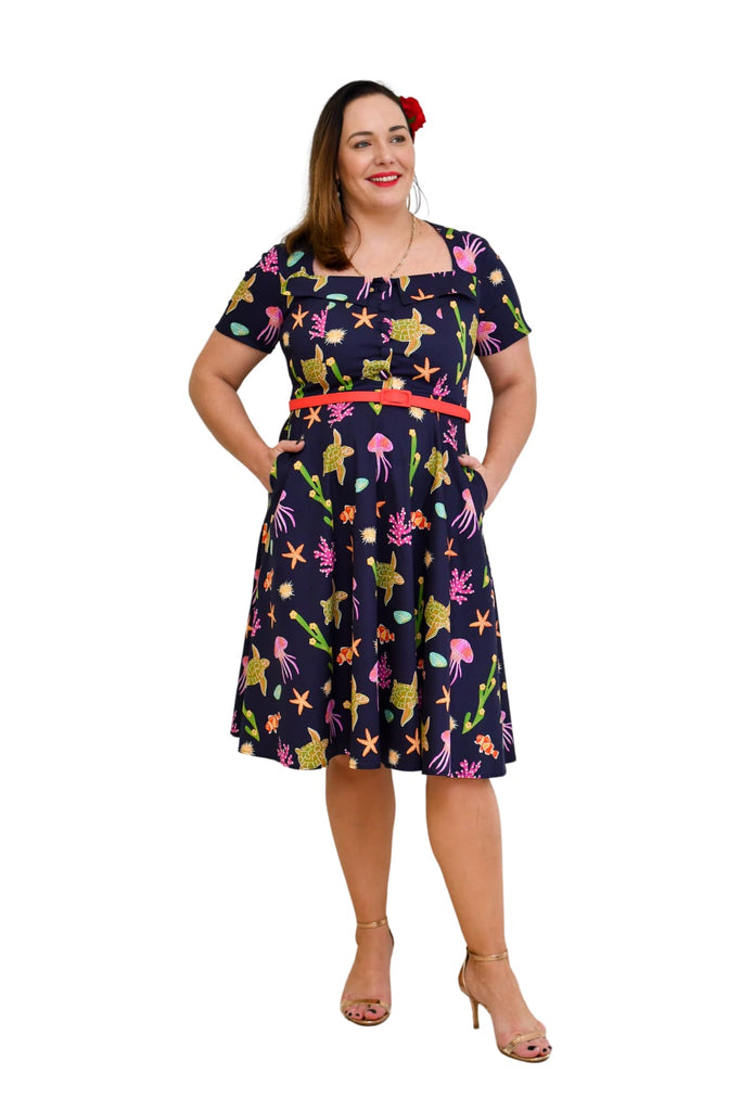 Navy Sea World Square Neckline Folded Collar A Line Cotton Dress with Pockets
