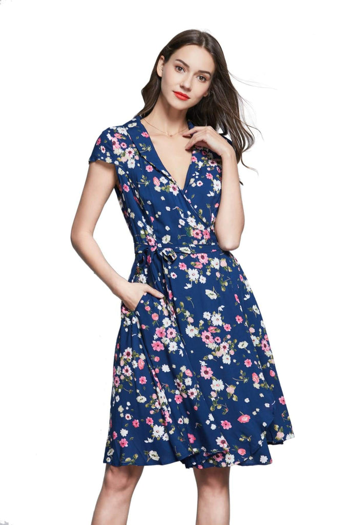 Navy Shawl Collared Wrap Dress with Pink Anemone and White Daisy Flowers and Pockets