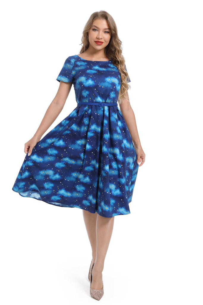 Navy Starry Night Scoop Neck Cotton Vintage Dress with Pockets
