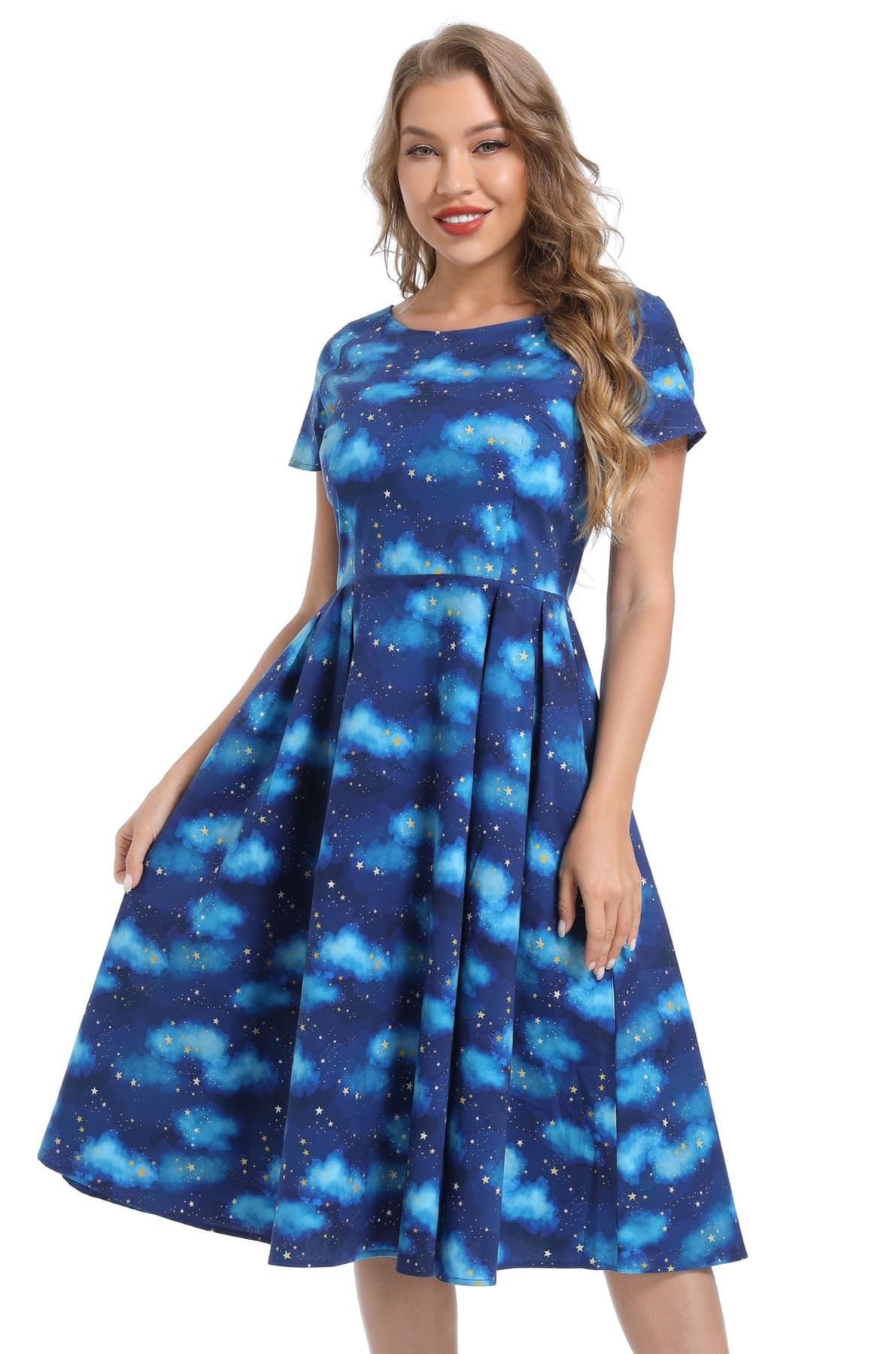 Navy Starry Night Scoop Neck Cotton Vintage Dress with Pockets Navy Starry Night Scoop Neck Cotton Vintage Dress with Pockets
