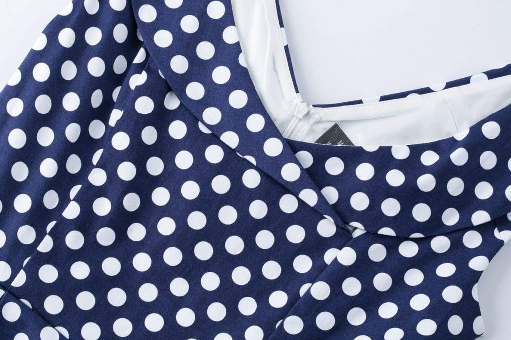 Navy & White Polka Dot Cross Neck Vintage Swing Dress