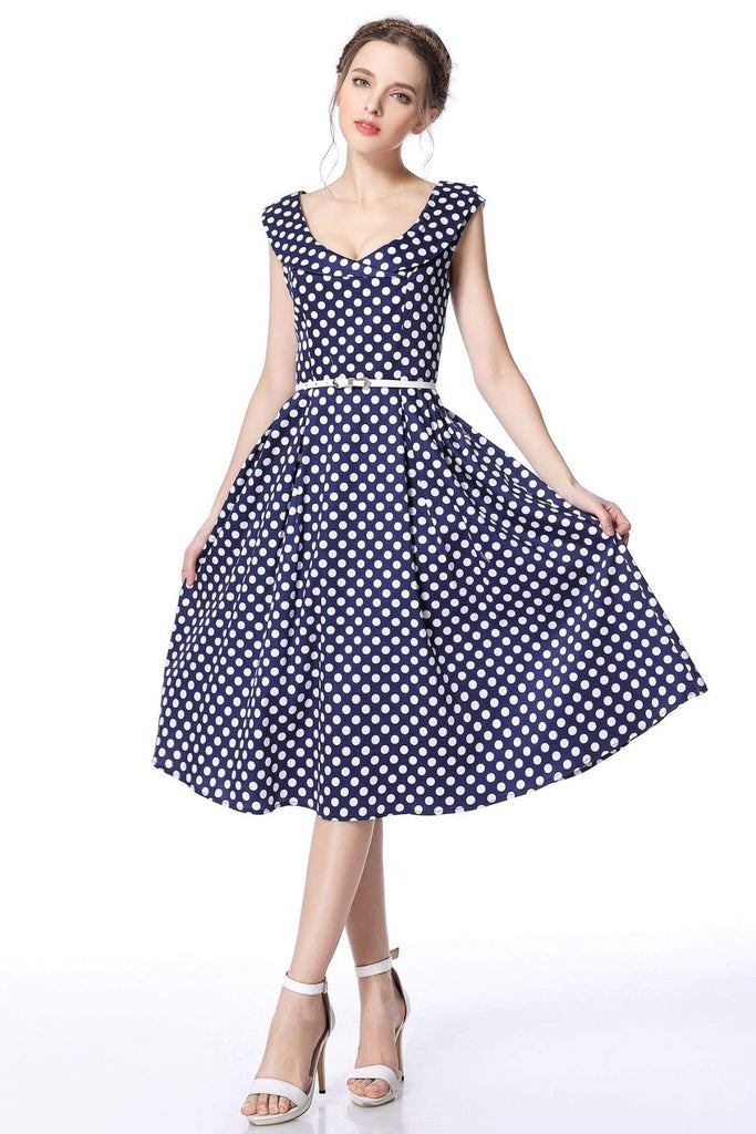 Navy & White Polka Dot Cross Neck Vintage Swing Dress