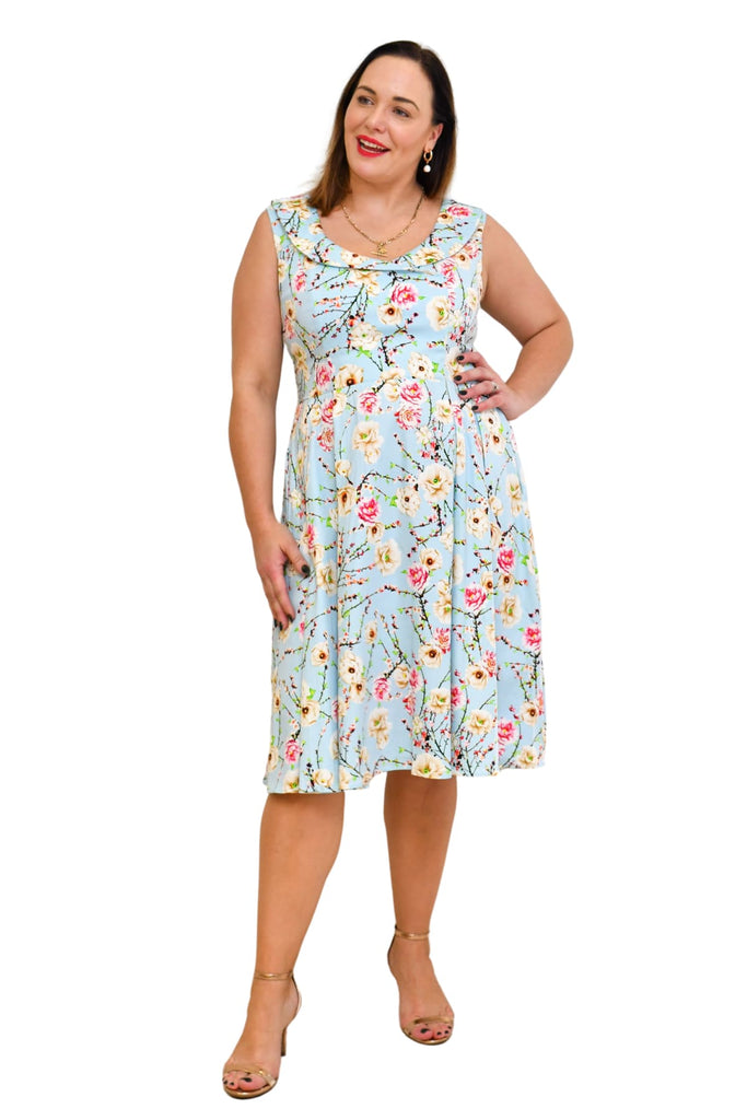 Pastel Blue Magnolia Cross Neck A Line Dress with Pockets