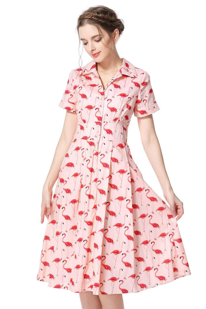 Pink Flamingo Print Collared Cotton Vintage Dress