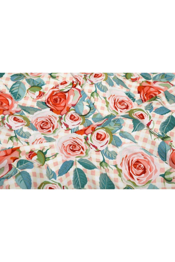 Pink Roses on Pink & White Tartan Square Neckline Folded Collar A Line Cotton Dress with Pockets