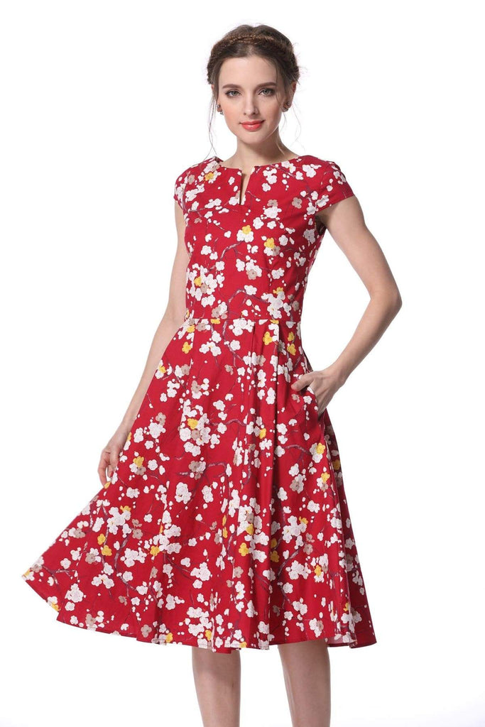 Red Blossom V Neck Vintage Dress