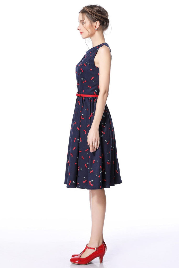 Red Cherry and Navy Buttoned Boat Neck Vintage Swing Dress