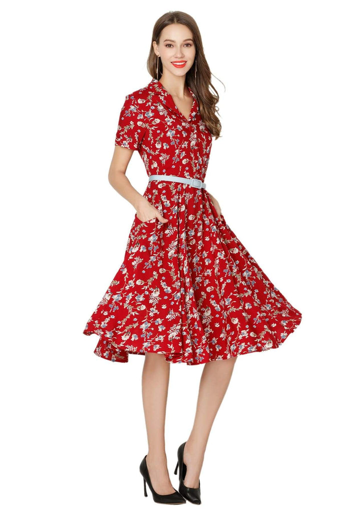 Red Floral V Neck Collared Dress