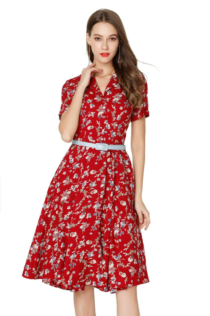 Red Floral V Neck Collared Dress