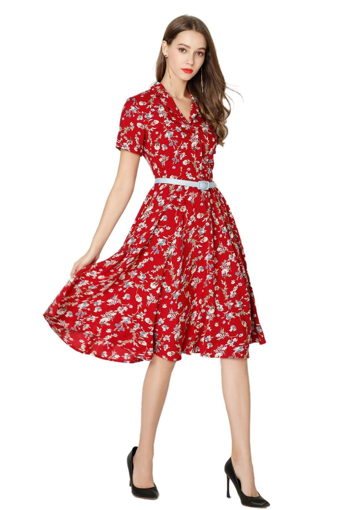 Red Floral V Neck Collared Dress