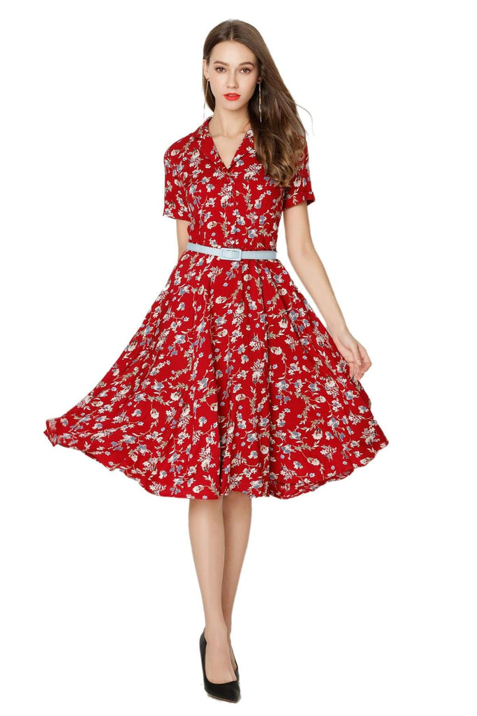 Red Floral V Neck Collared Dress