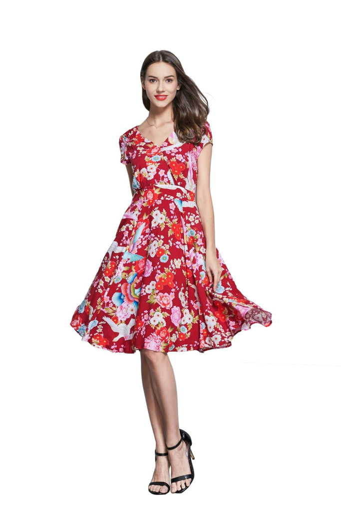 Red V Neck Cross Over Dress with Gorgeous Rainbow Birds and Coloured Daisy Peony with Pockets