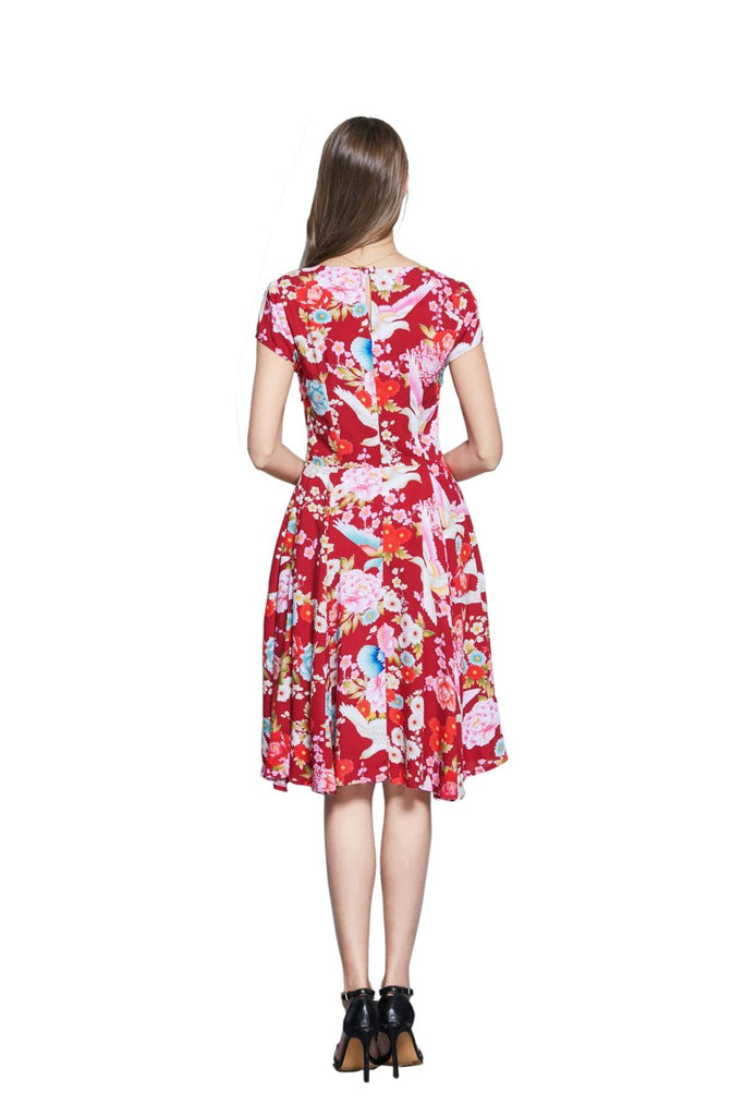 Red V Neck Cross Over Dress with Gorgeous Rainbow Birds and Coloured Daisy Peony with Pockets