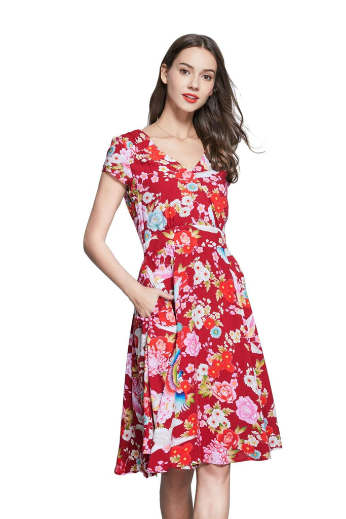 Red V Neck Cross Over Dress with Gorgeous Rainbow Birds and Coloured Daisy Peony with Pockets