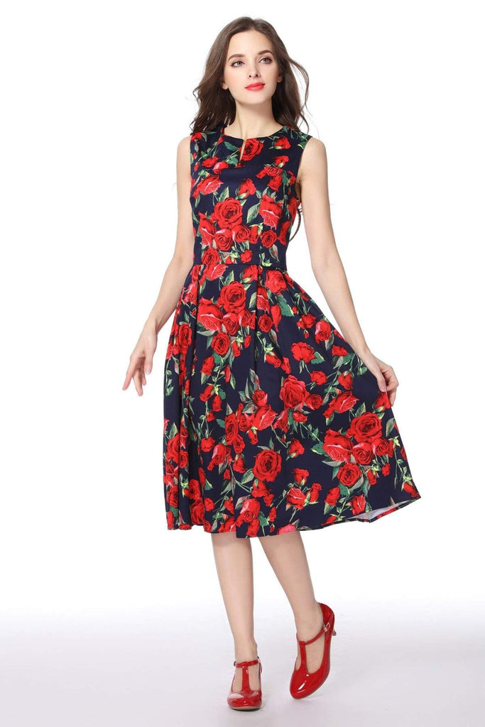 Red Rose and Navy V Neck Vintage Dress