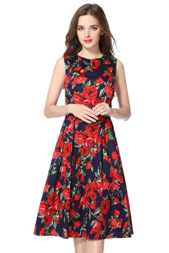 Red Rose and Navy V Neck Vintage Dress