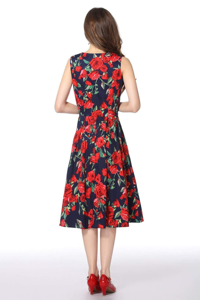 Red Rose and Navy V Neck Vintage Dress