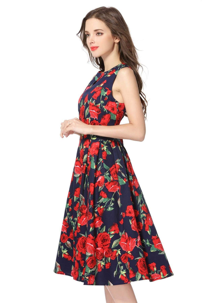 Red Rose and Navy V Neck Vintage Dress