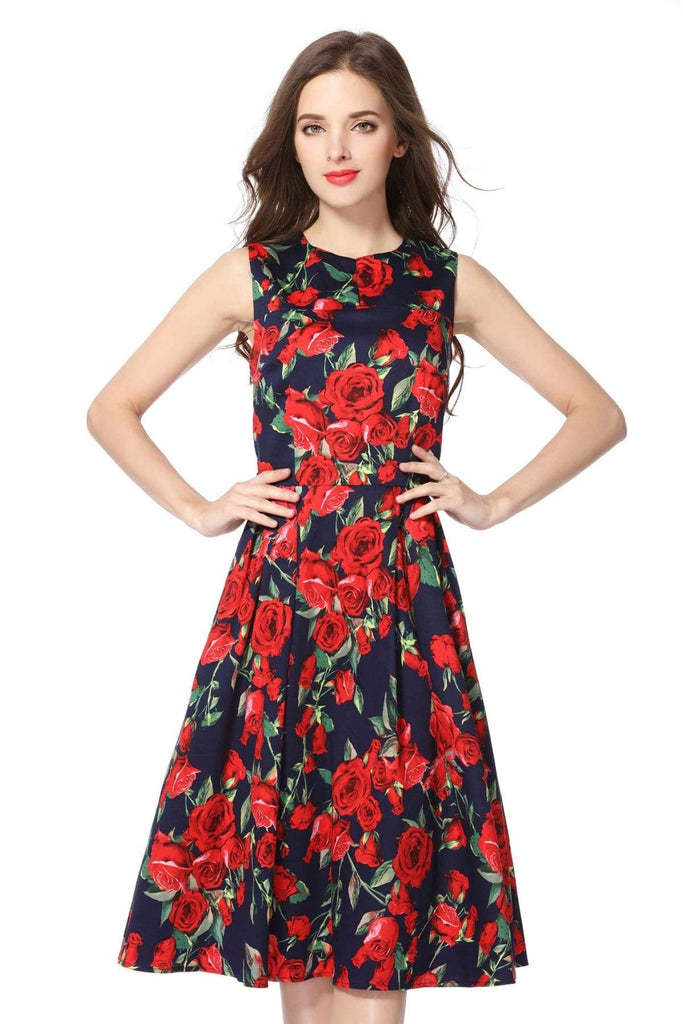 Red Rose and Navy V Neck Vintage Dress