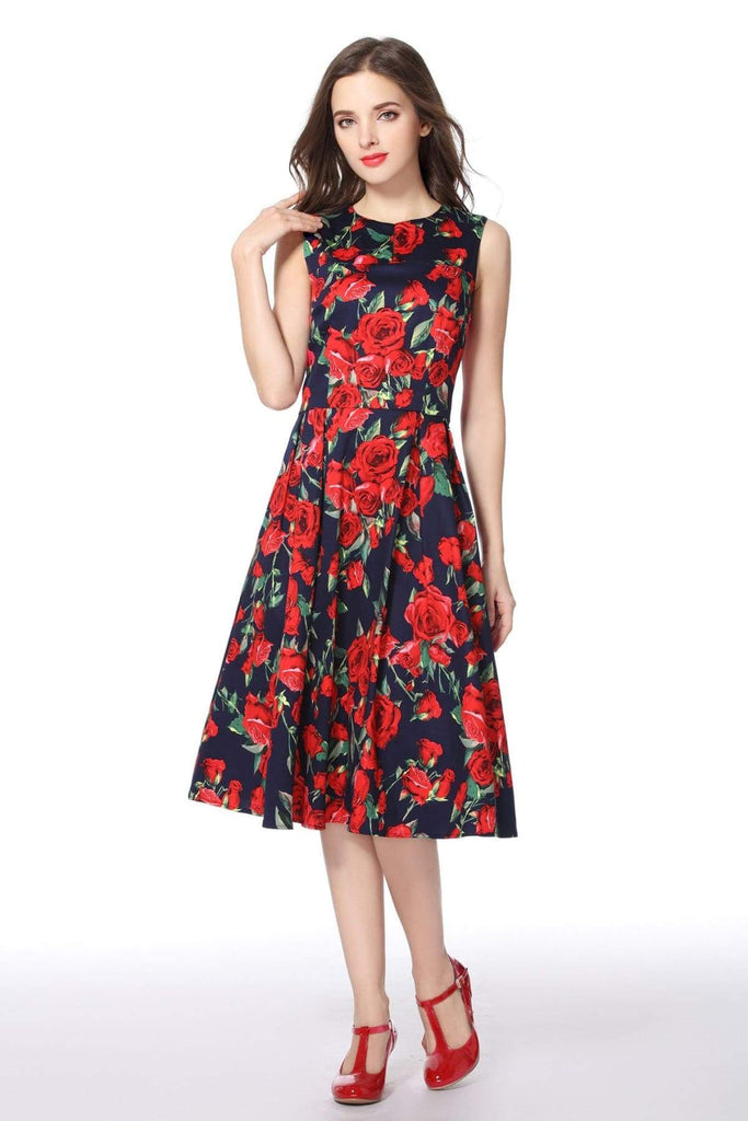 Red Rose and Navy V Neck Vintage Dress