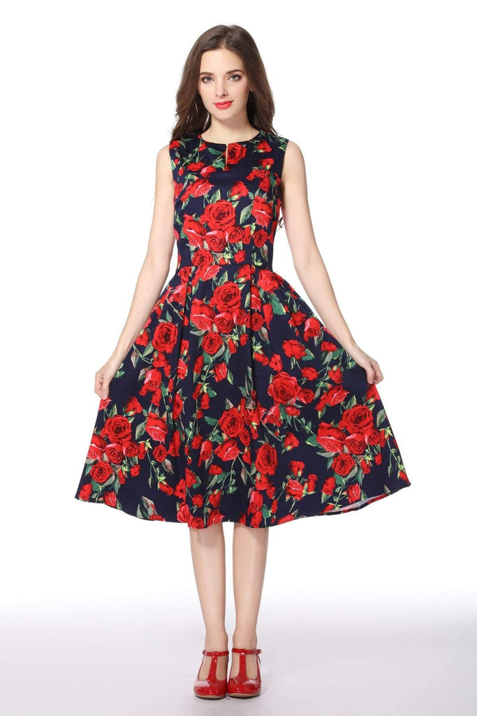 Red Rose and Navy V Neck Vintage Dress