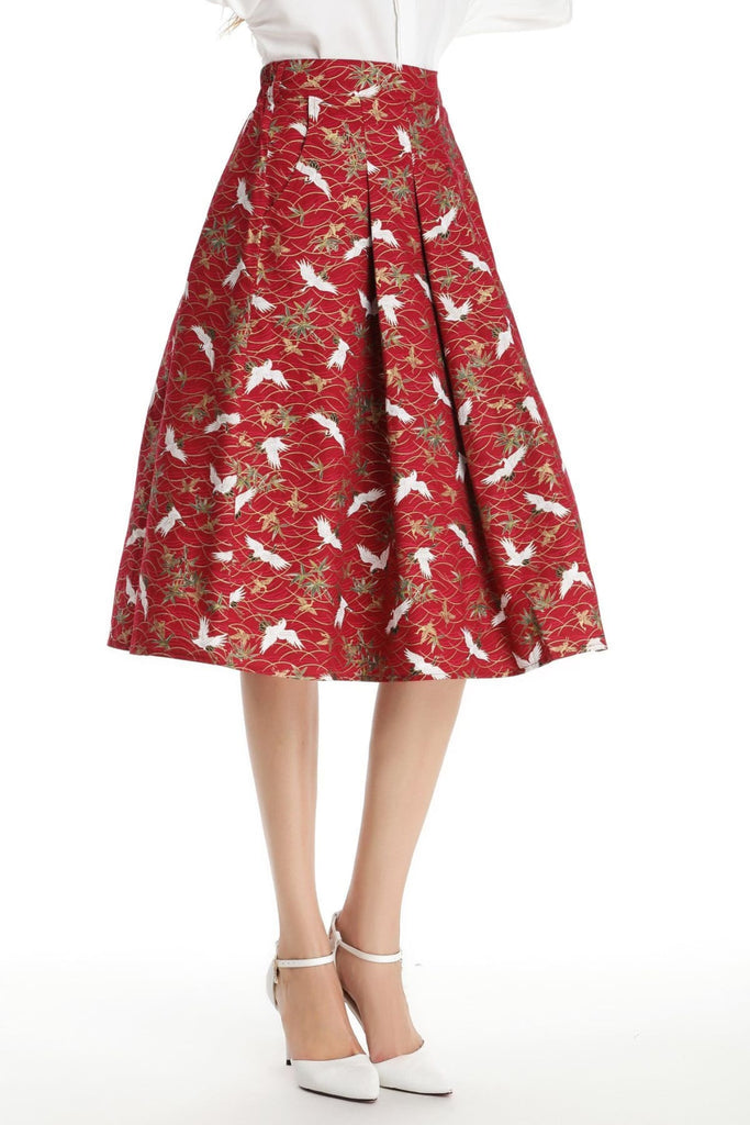 Red with White Japanese Cranes A Line Skirt