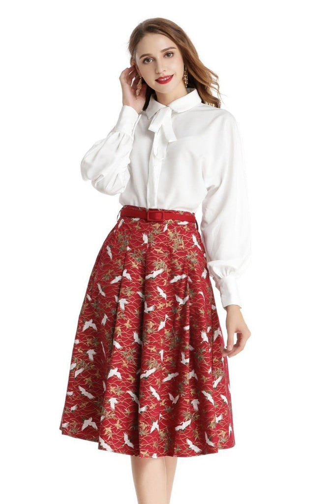 Red with White Japanese Cranes A Line Skirt