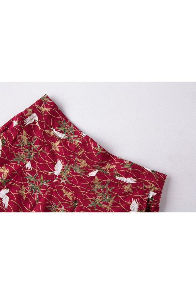 Red with White Japanese Cranes A Line Skirt